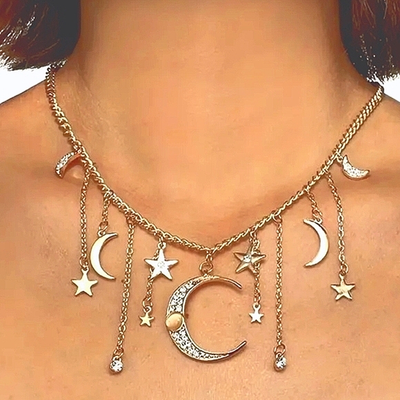 Boho Necklace Moon And Stars Retro Style Hippie Jewelry - Picture 2 of 6